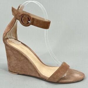 Gianvito Rossi Sandals Size 7 37 Brown Suede Wedge Ankle Strap Italy Designer